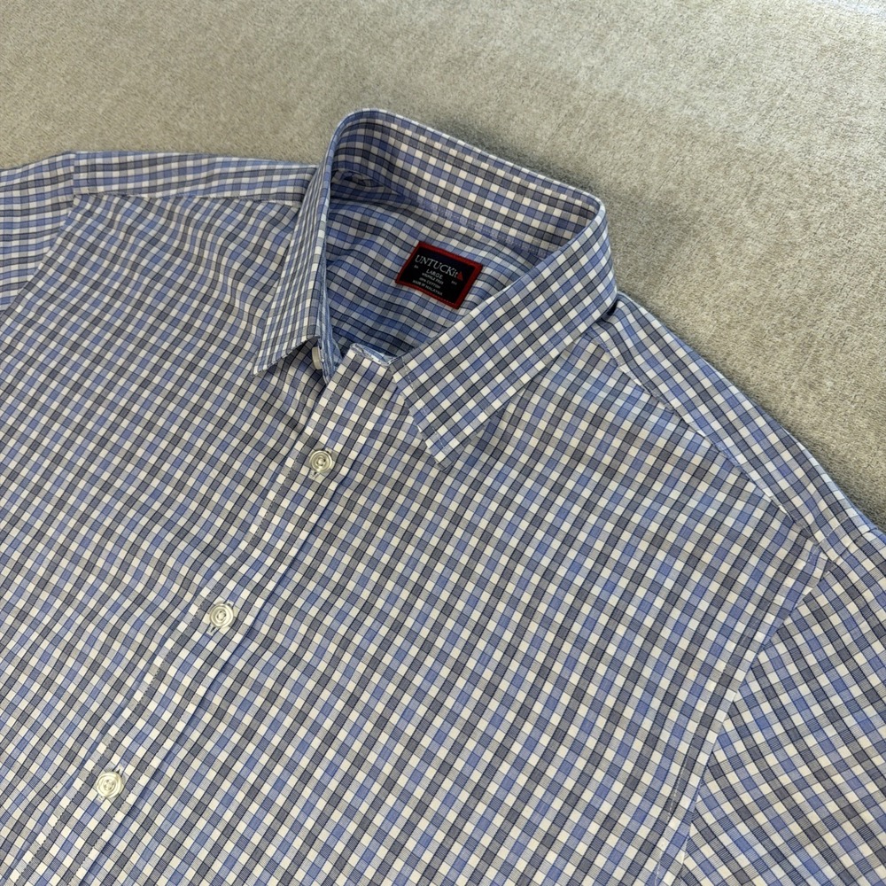 UNTUCKit Button Up Shirt Mens Large Blue Check Wrinkle Free Cotton Long Sleeve